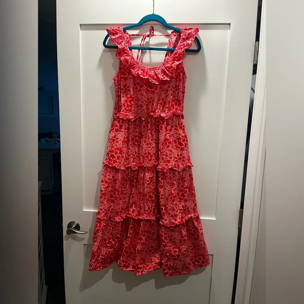 J.Crew Red Pink Floral Ruffle Tiered Midi Dress Cottagecore Size 6